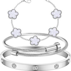 Silver Stainless Steel 3 pcs Women’s Stylish Bangle Bracelets Set